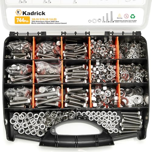 Kadrick 744Pcs 18-8(304) Stainless Steel Hex Bolts Assortment,1/4-20 5/16-18 3/8-16 Heavy Duty Bolts and Nuts Kit, Assorted SAE Bolts Nuts Flat&Lock Washers,Lenth Form 1/2''-2''