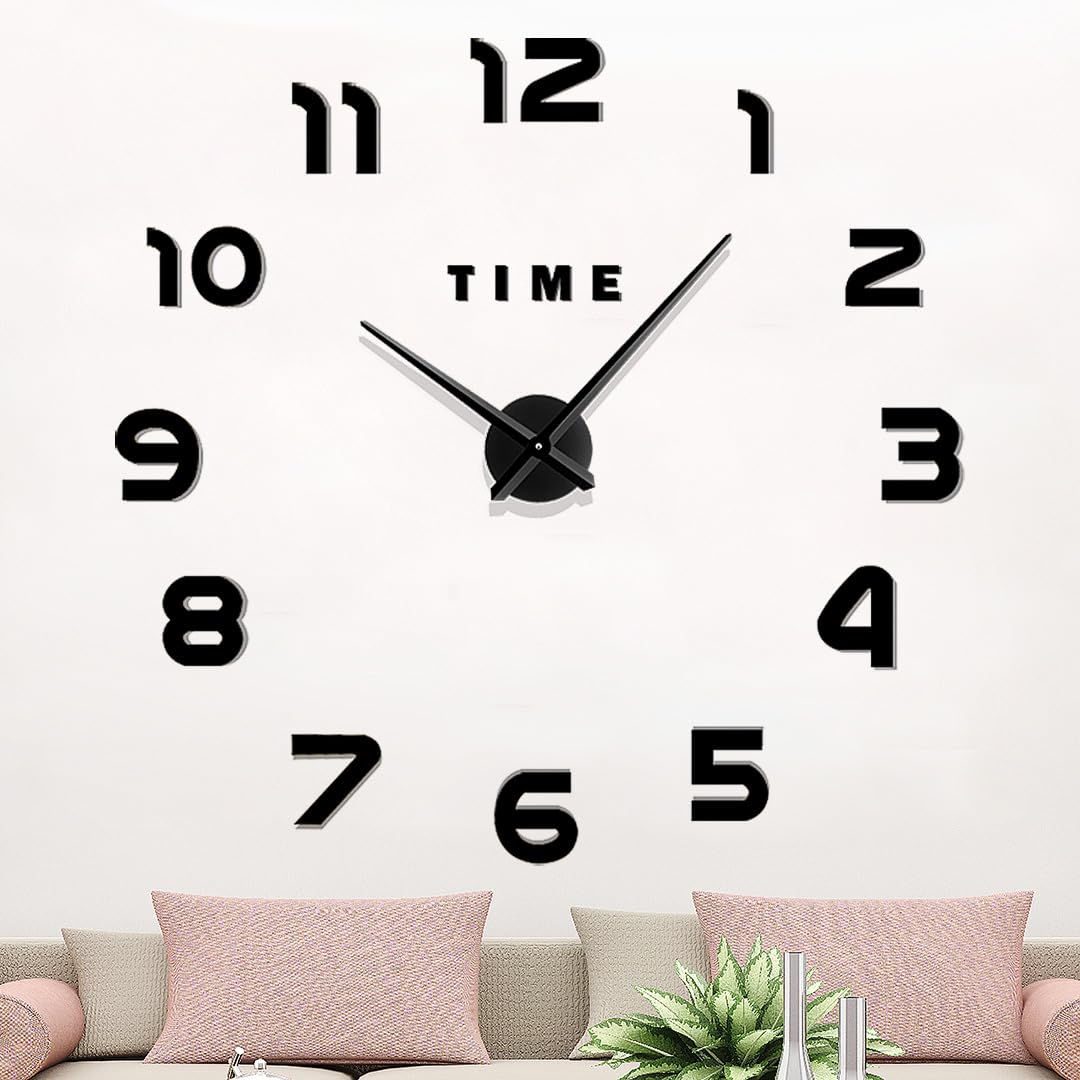 ViyinoModern Frameless DIY Wall Clock 3D Mirror Wall Clock Large Mute Wall Stickers for Living Room Bedroom Home Decorations (Black)