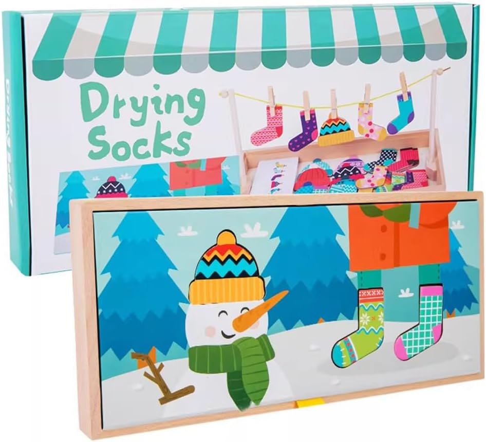 Montessori Sock Hanging Play Set, Wooden Clothesline Toy with Clothespins for Toddler Fine Motor Skill Training