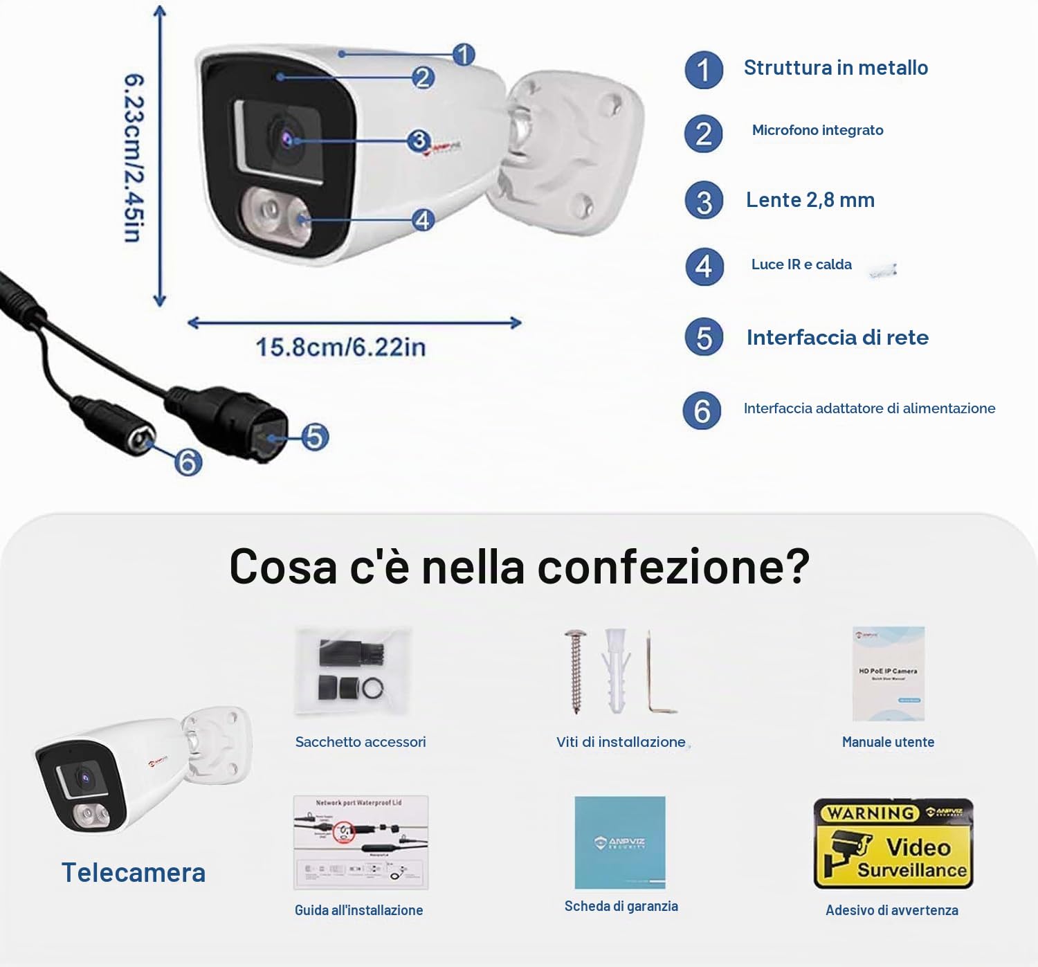 Anpviz 4MP Telecamera IP PoE Esterno, Alloggiamento Interamente in Metallo | Rilevamento Intelligente delle Persone, Microfono Integrato, Visione Notturna a Colori Intelligente, Nessun Alimentatore