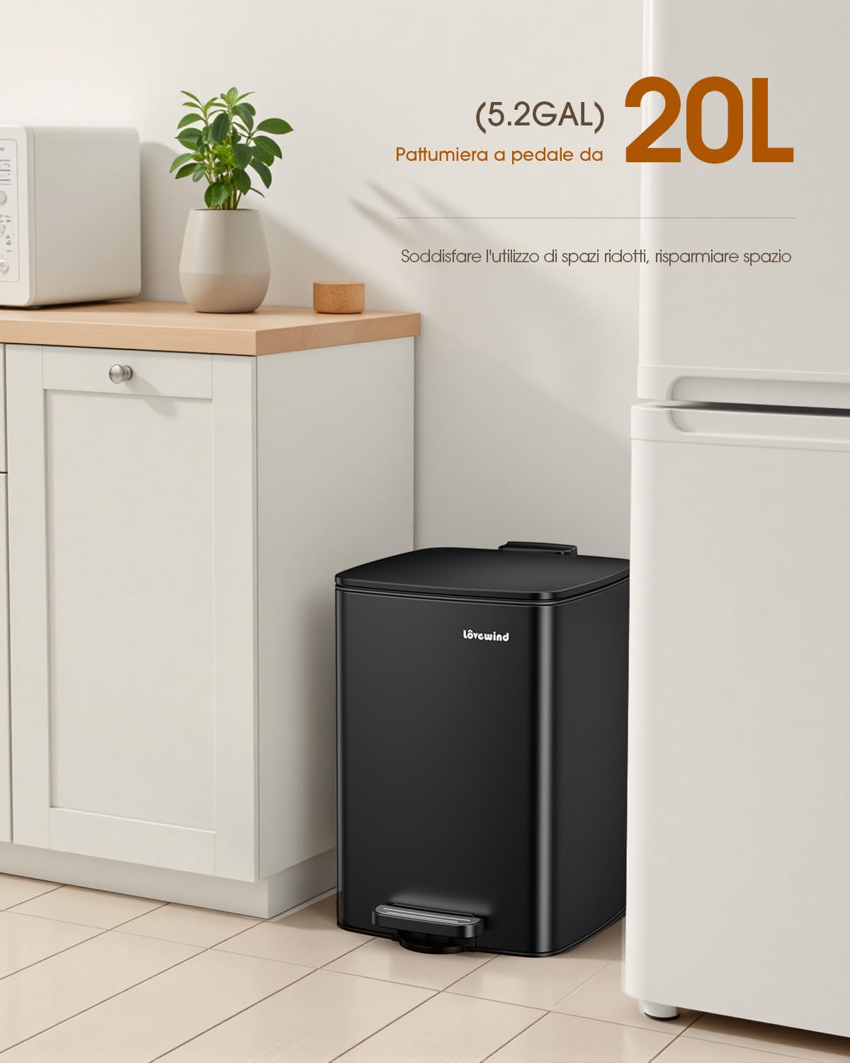 lovewind Pattumiera Da Cucina, Pattumiera In Acciaio Inox Con Pedale Nero Da 20 Litri, Con Coperchio E Secchio Interno, Adatta Per Cucina, Bagno E Soggiorno