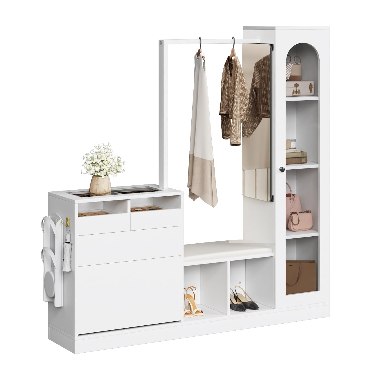 Recibidor 6 en 1 de Madera, Entrada y Vestidor, Blanco, 163x35x161 cm