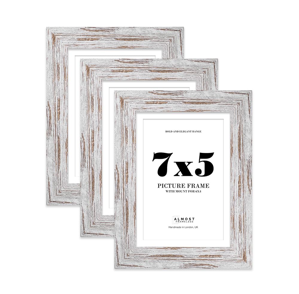 7x5 Distressed Wood Frame With Mount for 6x4 Pictures 28mm Edge Portrait and Landscape Display with Wall Hooks and Kickstand, 3 Pack