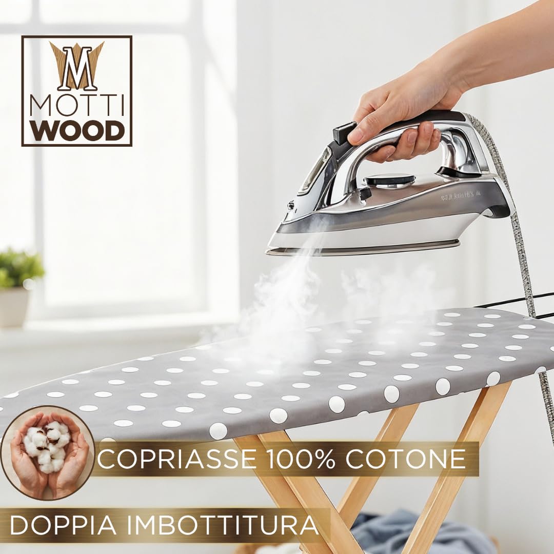 Asse da Stiro Premium, 100% Legno Massiccio di Faggio, Tavola da Stiro con Fori Traspiranti, Pieghevole, 3 Posizioni, 143x37,5x93,5, Made in Italy
