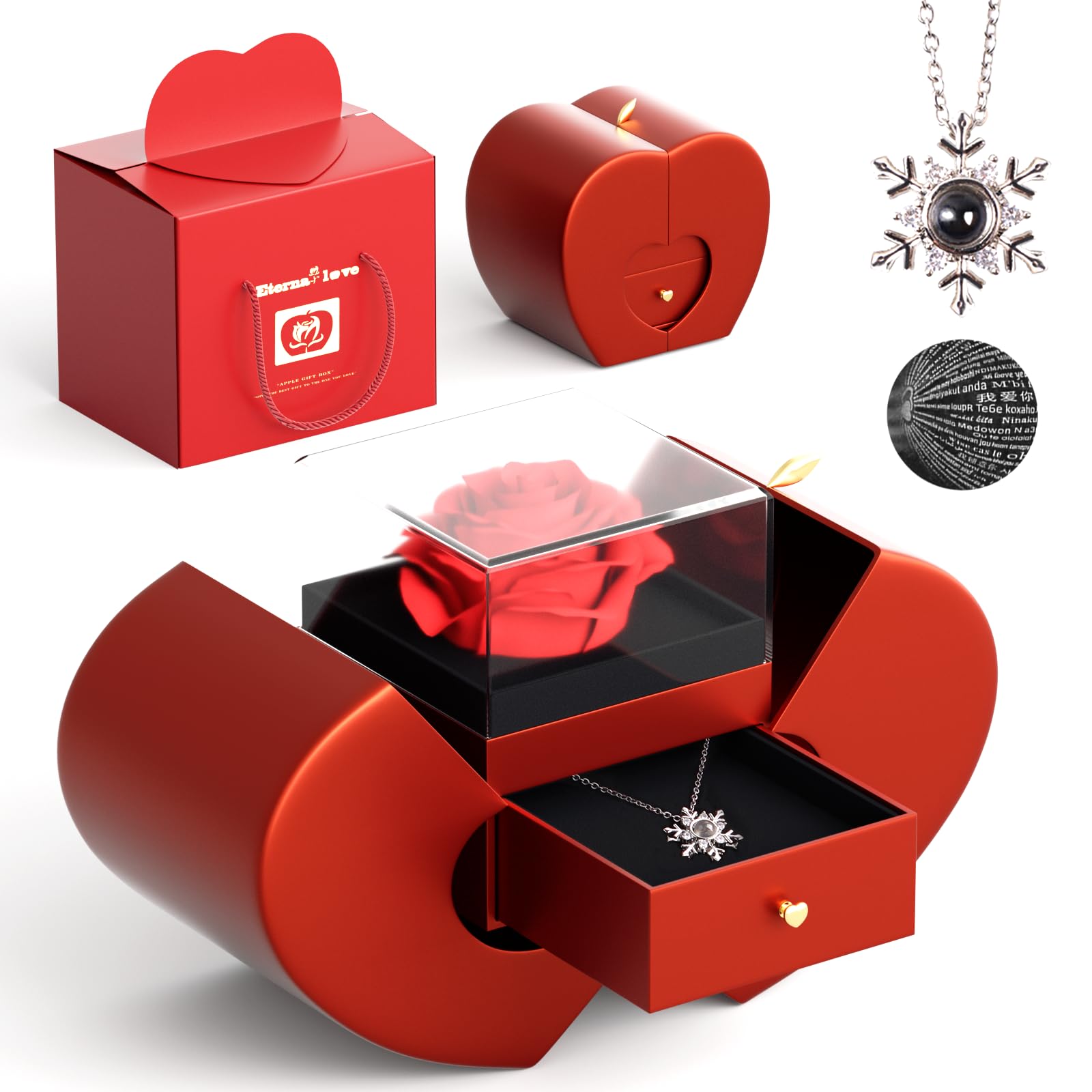 Suewidfay Rosa eterna Regalo per lei, Regalo di Rosa con Collana I Love You per Donne Moglie Fidanzata mamma per Compleanno, Anniversario, San Valentino, Festa della mamma, Natale (Rosso)