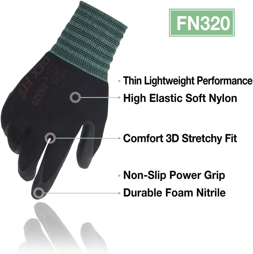 DEX FIT Premium Nylon Nitrile Work Gloves FN320, 3 Pairs, 3D-Comfort Stretchy Fit, Firm Grip, Thin & Lightweight, Durable, Breathable & Cool, Machine Washable; Black 6 (XS)