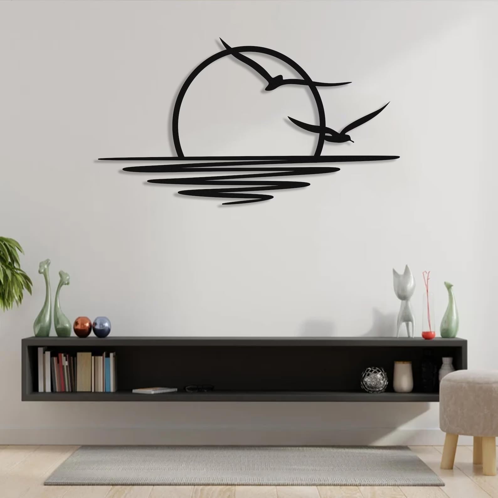 Tubibu Metall-Wandkunst Sonnen-Glitzer-Wanddekoration schwarze minimalistische Linienkunst Sonnenaufgang-Wandbehang (Small)