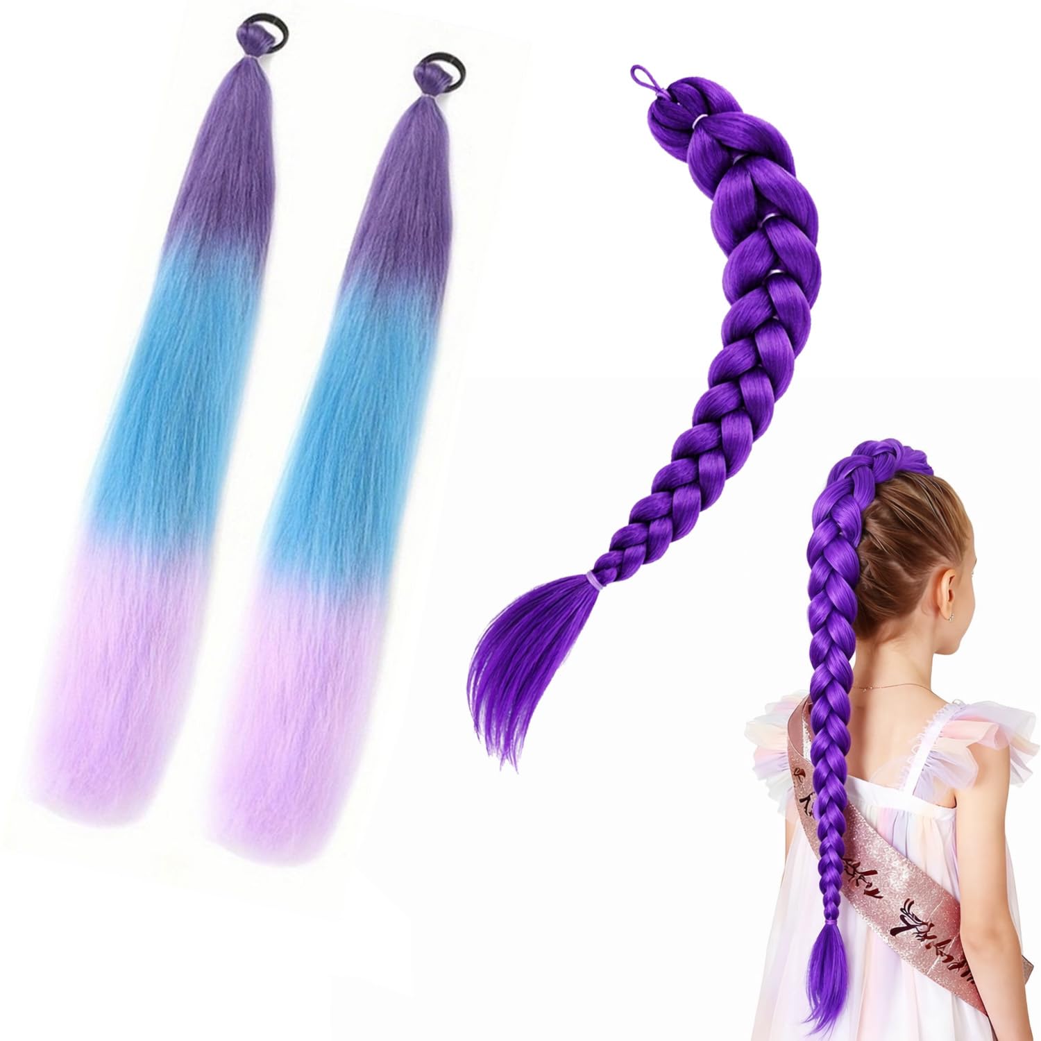 Kids Hair Extensions 3 Pack 24 Inch Purple Hair Extensions for Girls Clip in Hair Extensions for Kids Fake Hair Wig Purple Hair Wig for Kid Braiding Cosplay Party Festival Styling Accessory-image-38