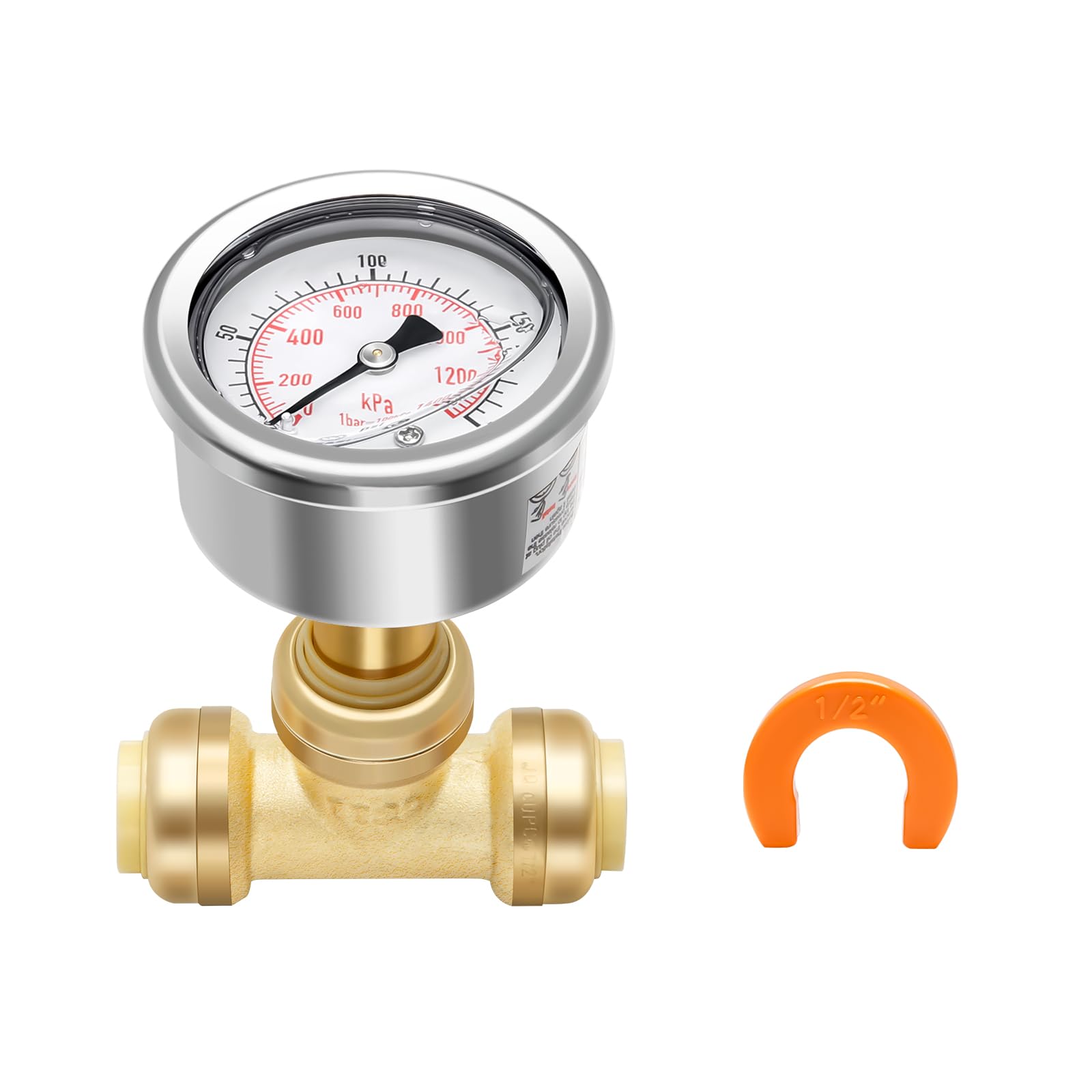 MEASUREMAN Manómetro de presión de empuje para conectar 0-200 psi, acero inoxidable, a prueba de vibraciones, tamaño de esfera de 2 pulgadas, con T de fontanería de ajuste a presión de 1/2 pulgada