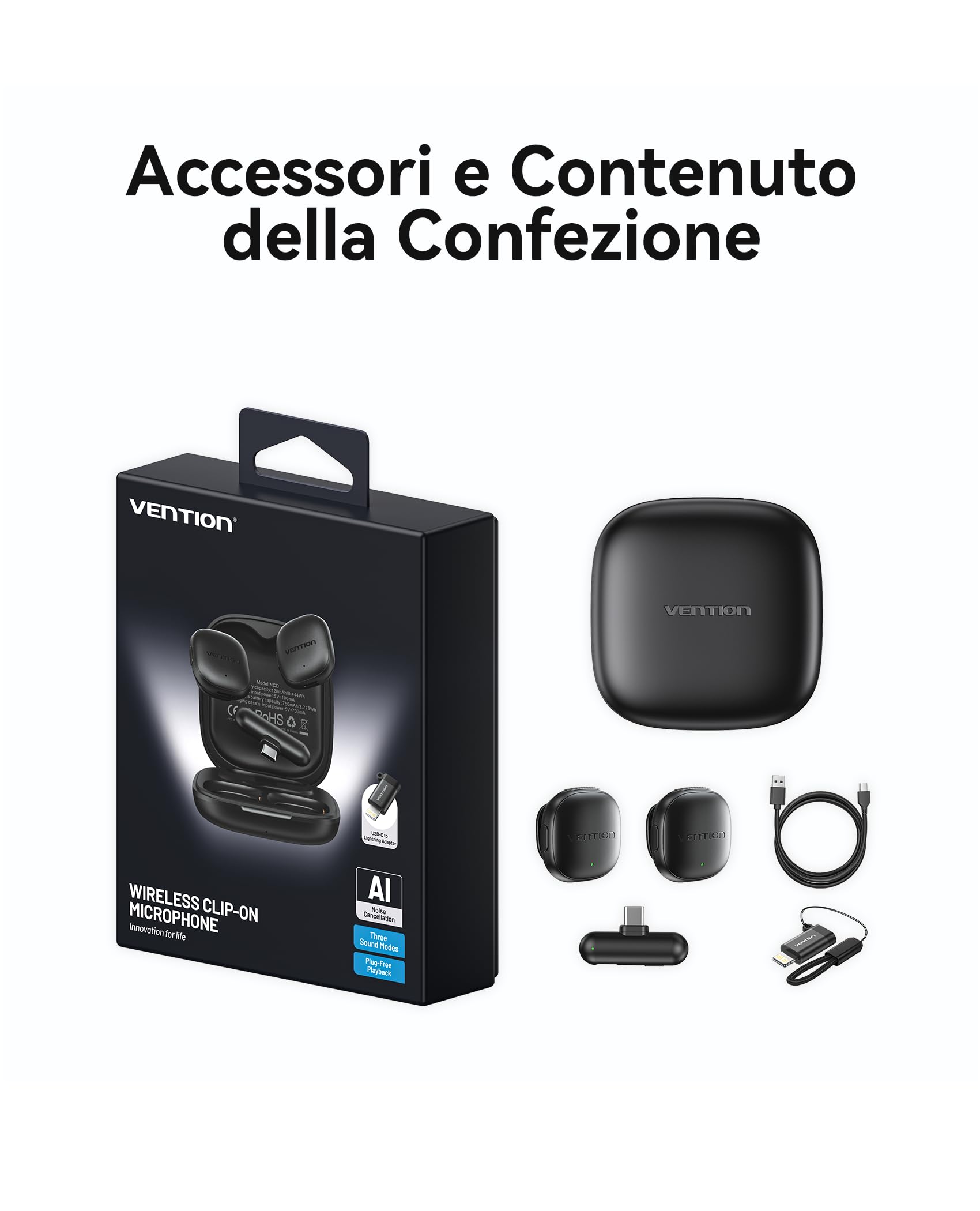 VENTION Mini Microfono Wireless per iPhone 17/16/15 Pro Max, [Plug and Play] USB-C Bluetooth Lavalier Microfono per Android,Dotato di custodia di ricarica da 24 ore per Registrazioni Video,Vlogging