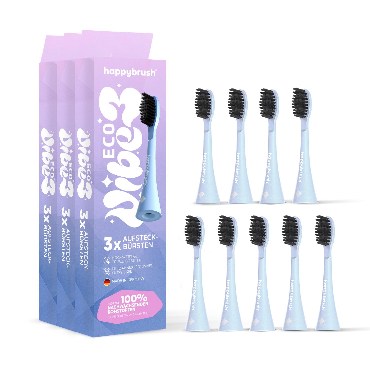 happybrush Aufsteckbürsten 9 Stück (3x3) für elektrische Schallzahnbürste ECO VIBE Sunrise Wechselköpfe mit Icons zur Unterscheidung | Original Ersatzbürsten mit abgerundeten Borsten (Pastelltöne)