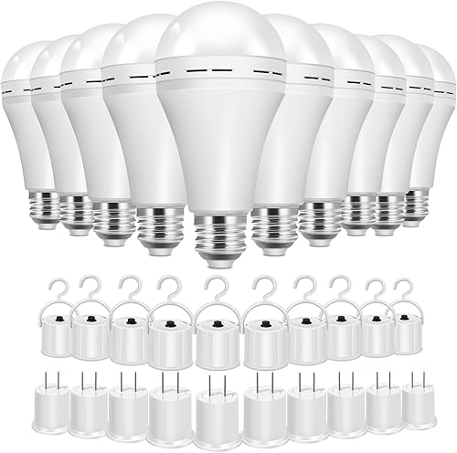 Oranbulb Paquete de 10 bombillas LED recargables de emergencia con adaptador de enchufe E26E27, A21 de 6500 K, bombilla LED blanca para campamento y