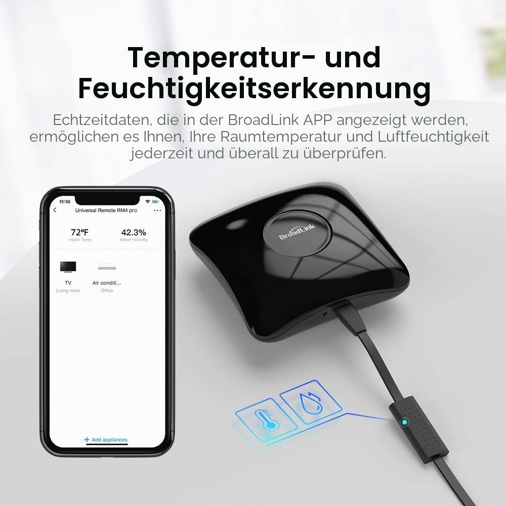 BroadLink RM4 Pro S und Sensorkabelsatz, universeller RF IR-Fernbedienungshub mit USB-Kabel Temperaturfeuchtigkeitsmonitor USB-Kabel, Funktioniert mit Alexa, Google Home, IFTTT