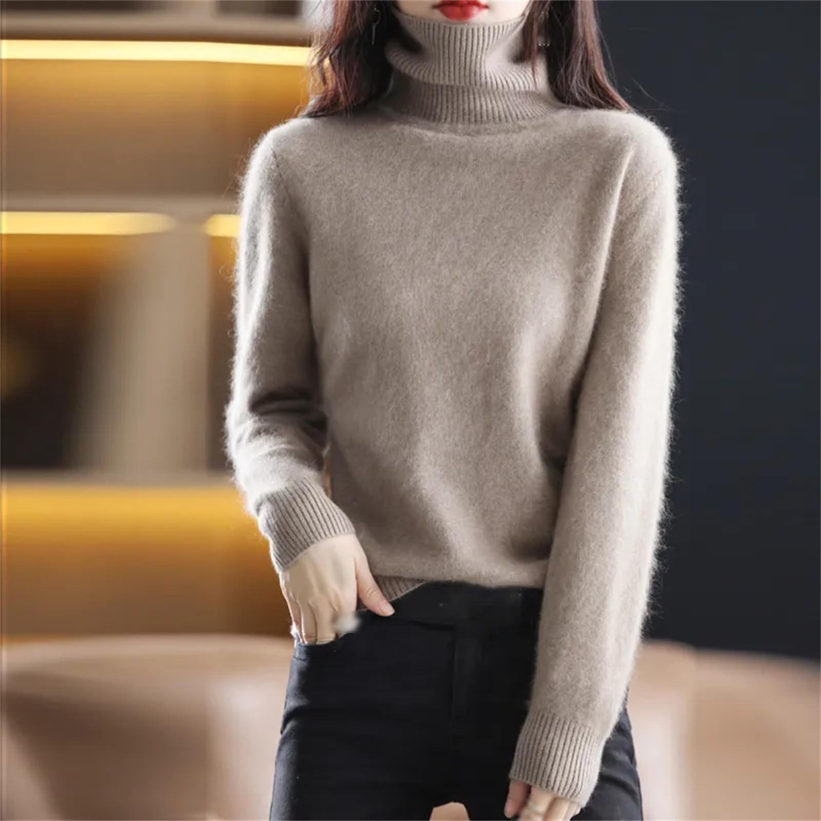 Maglione Cappotto alla Moda Autunno E Inverno da Donna Caldo Top in Visone con Risvolto Alto