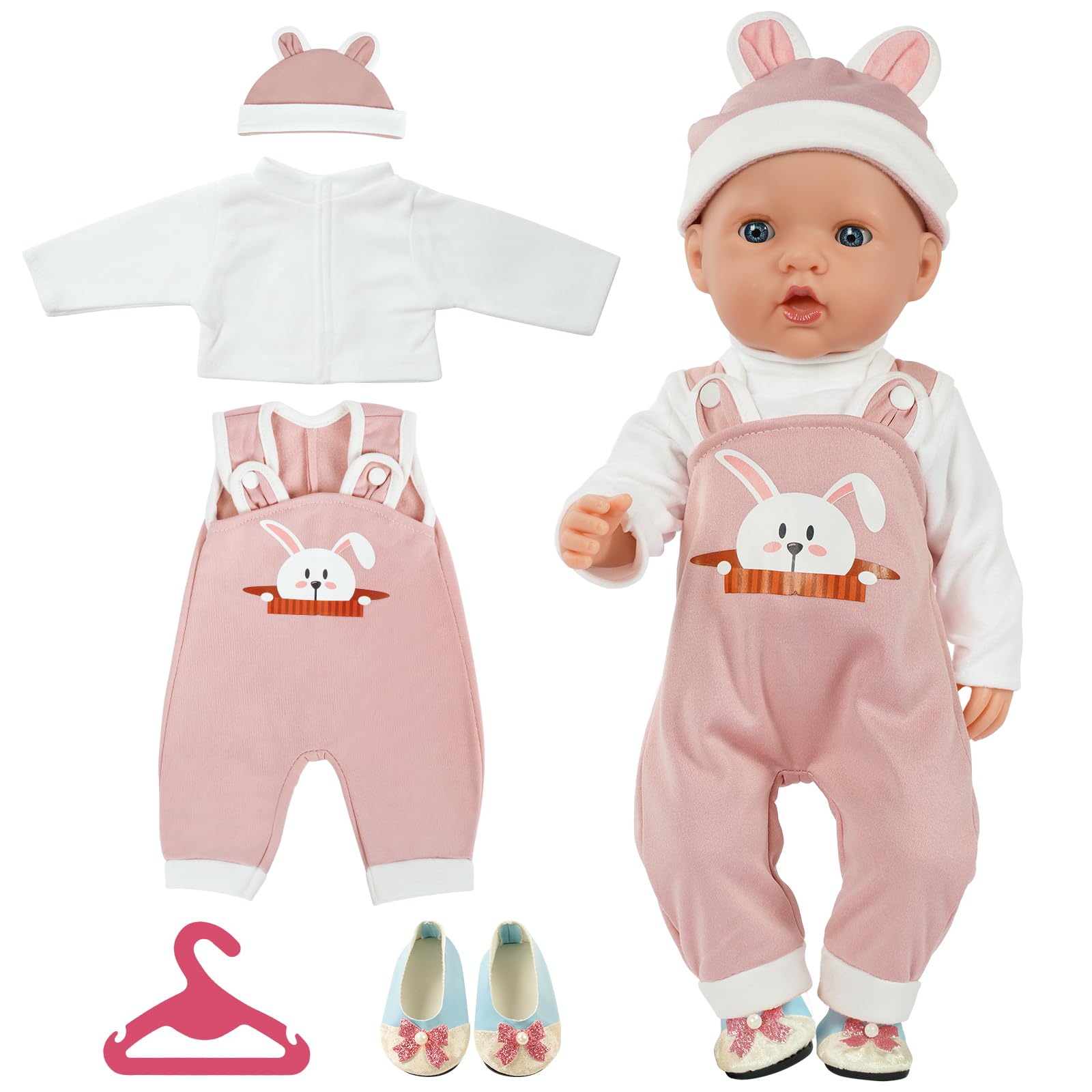 Baby Doll Clothes for 14-18 Inch Doll 35-45 cm Baby Doll, New Doll Clothes Outfits, Hooded Rabbit Overalls with 1 Coat hanger, New Born Baby Dolls Girls Birthday