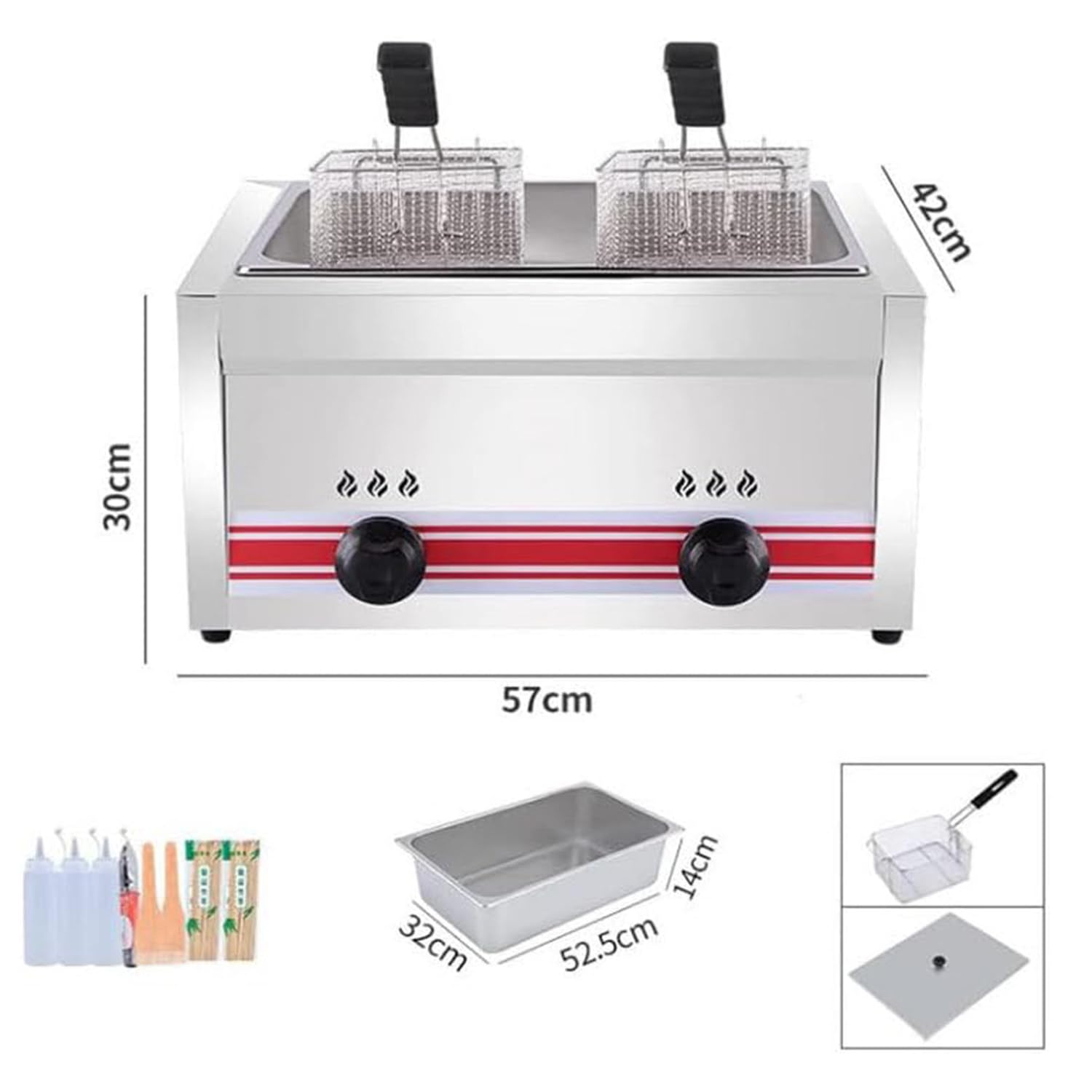Friggitrice Professionale a Gas GPL 10/20/30 l, Grande capacità, con cestello e Coperchio, in Acciaio Inox, Potenza di Fuoco Regolabile, Doppio Cilindro 10 l + 10 l