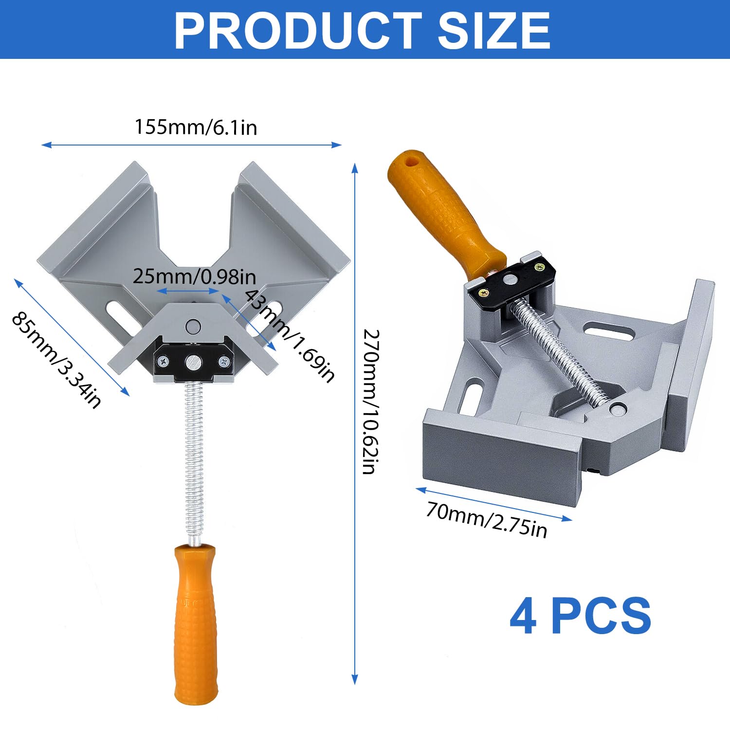 Lot de 4 Pince à Angle Droit 90 Degrés, Serre Joint Menuisier, Pince de Serres-Joints Mâchoire Pivotante Réglable, Outils à Mainpinces d'Angle pour Bois, Métal, Verre