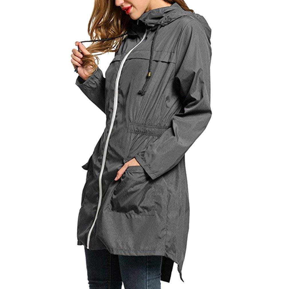 Huixin Lekki damski płaszcz podróżny, wodoszczelny płaszcz damski, moda damska, długi z kapturem, na wędrówki, płaszcz przeciwdeszczowy, kurtka outwear, szary, XXL