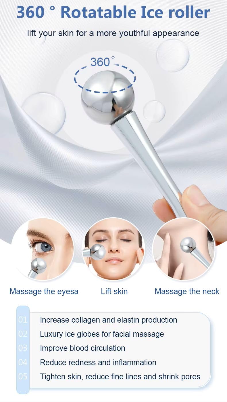 Seq - Rullo per il ghiaccio facciale a 360°, in acciaio inox, con gel non tossico, strumento di bellezza per viso, collo, contorno occhi