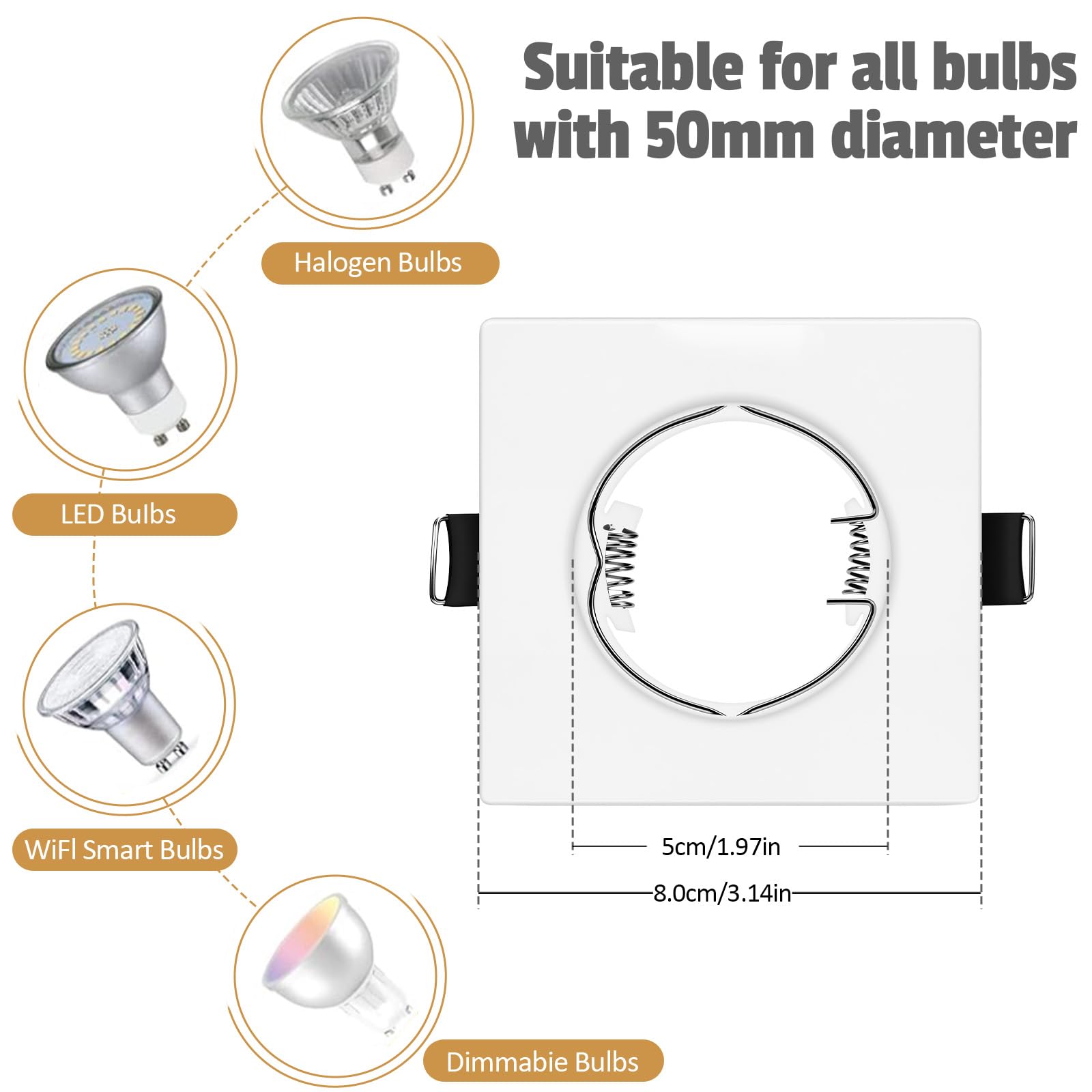 Confezione da 10 Telai Quadrati per Faretti a Incasso con Portalampada GU10 Certificato VDE – Bianco Opaco in Metallo (80x80 mm), Foro 55-70 mm, Incl. Molle e Anelli di Fissaggio – Lampadina Esclusa