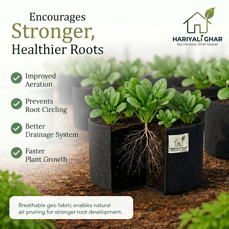 Image of 400 GSM Geo Fabric Round Grow Bags 18x6 Inch, Black Planting Bags for Terrace and Kitchen Gardening Pack of 5
