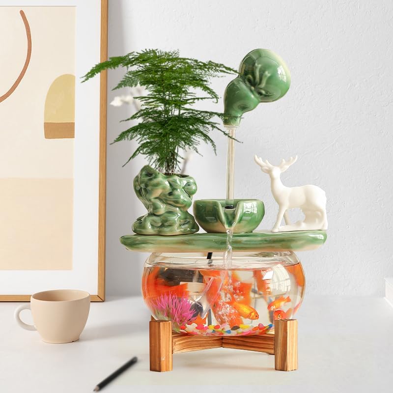 Ceramic Tabletop Fountain, Indoor Outdoor Water Fountain for Home Office Desk and Patio Decor (Green)