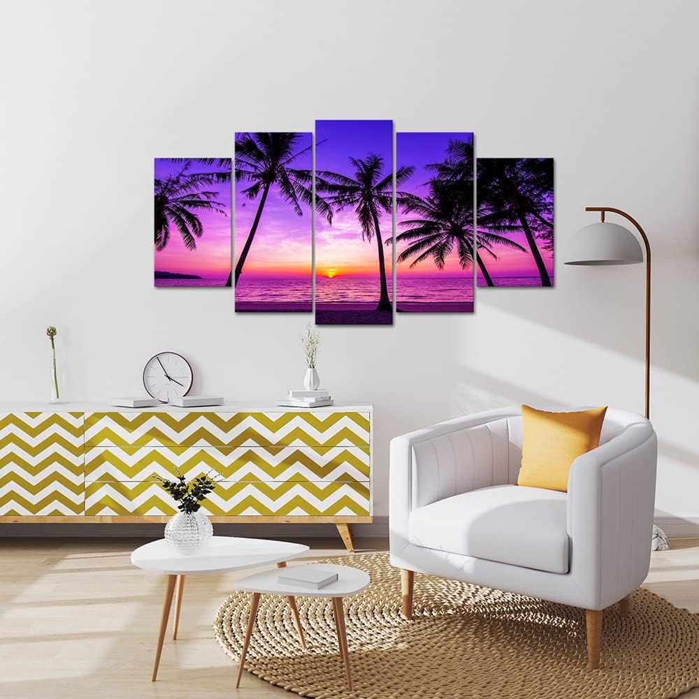 VANSEEING 5 Pieces Canvas Wall Art Tropical Palm Tree Beach Picture Purple Sunset Prints on Canvas Wall Decor Modern Hawaii Landscape Poster Artwork Bathroom Bedroom