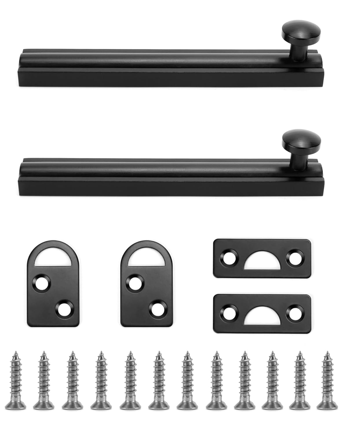 QWORK Concealed Surface Bolt 4 in, Heavy Duty 2 Pack Concealed Slide Door Latch Lock with Strike Plates & Screws for Double Doors, Cabinets, Gates, Solid Brass Matte Black