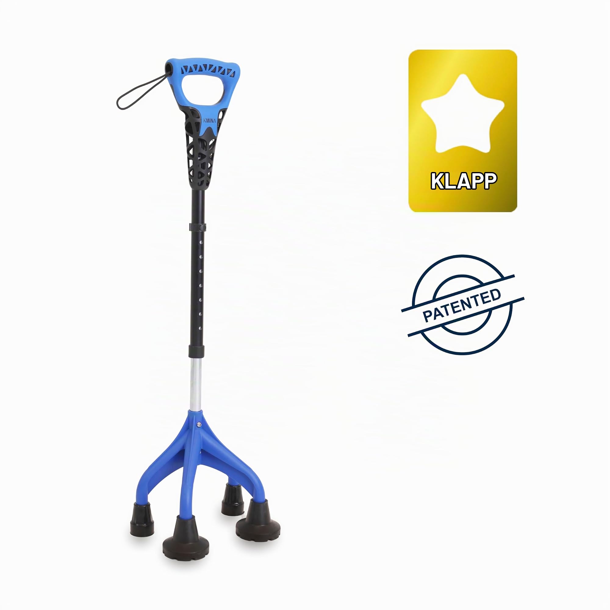 KMINA Vierfuß Spazierstock Gehstock (Schwer und Stabil 1,5 kg), Ergonomischer Griff, Verstellbare Benutzer >1,55m Höhe, Patentiertes Design - Made in Europe