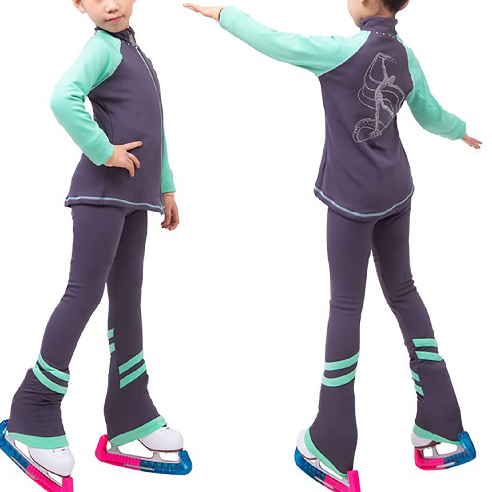 Chaqueta de Patinaje Artístico con Pantalones Mujer Elástico Ropa de Patinaje sobre Hielo Competición Entrenamiento con Pedrería(Size:S,Color:Verde)