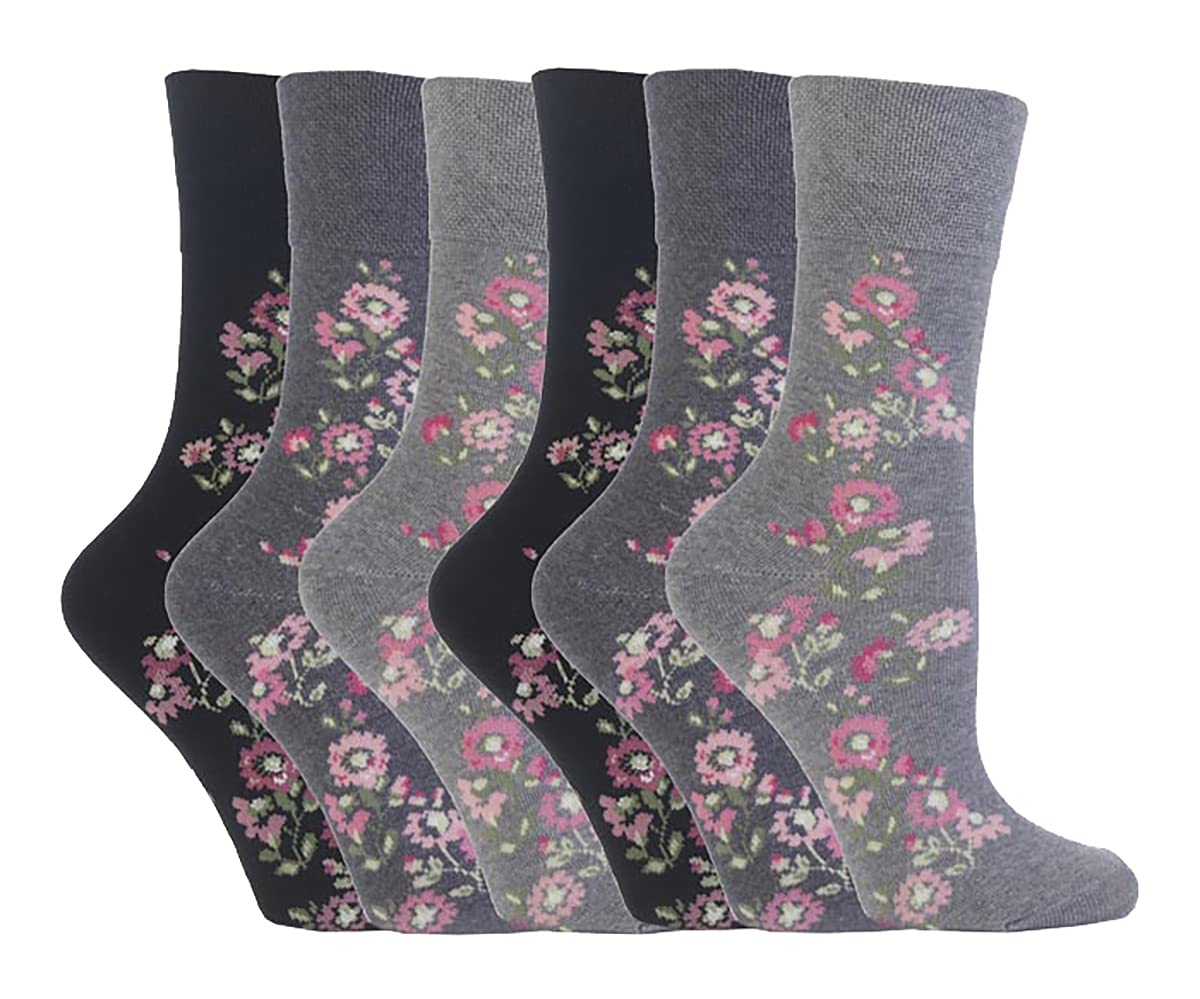 ARG Lot 6 Paires Chaussettes Diabétique Femme - Coton Doux Non Élastique - Taille 37-42 - Motif Cœur