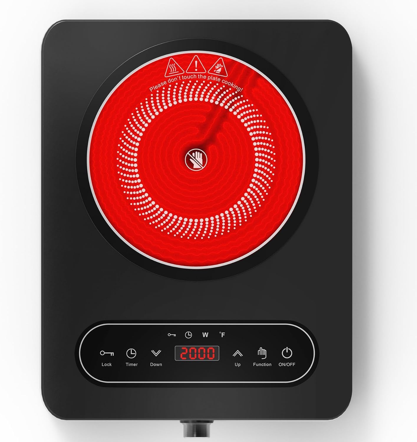 VBGK Portable Ceramic Hob, Single Electric Hob with Knob, LED Display, 10 Power & Temperature Settings, 4-Hours Timer, Safety Lock, Portable Electric Cooktop for All Cookware