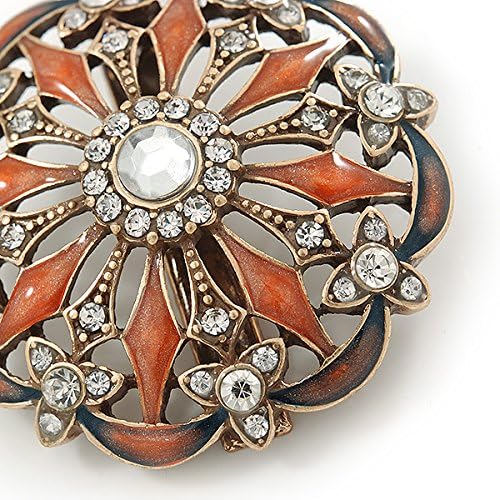 Vintage Inspired Clear Crystal Orange Enamel Flower Hair Beak Clip/Concord Clip/Clamp Clip In Gold Tone - 60mm L - Image 4