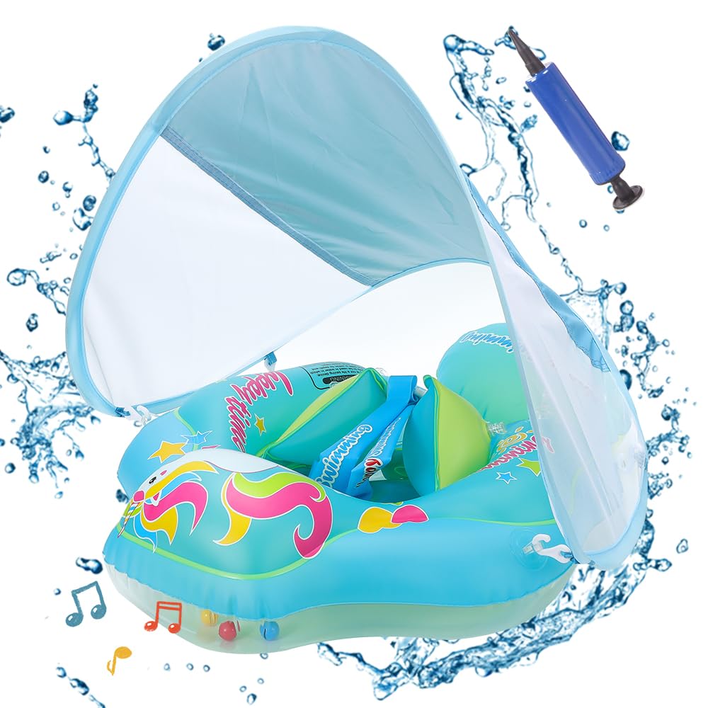 Baby Schwimmring mit abnehmbarem sonnendach,Schwimmhilfe verstellbare Schultergurte,Schwimmtrainer,mit aufblasbarer Swimming Float für ab 3-36 Monate.
