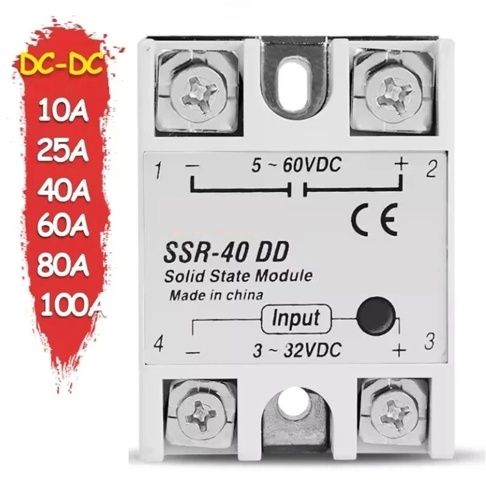 Modulo relè a stato solido monofase DC-DC SSR 10A 25A 40A 60A 80A 100A Tensione di ingresso 3-32V 12V a 5-60V Uscita(Only 1 Plastic Cover)