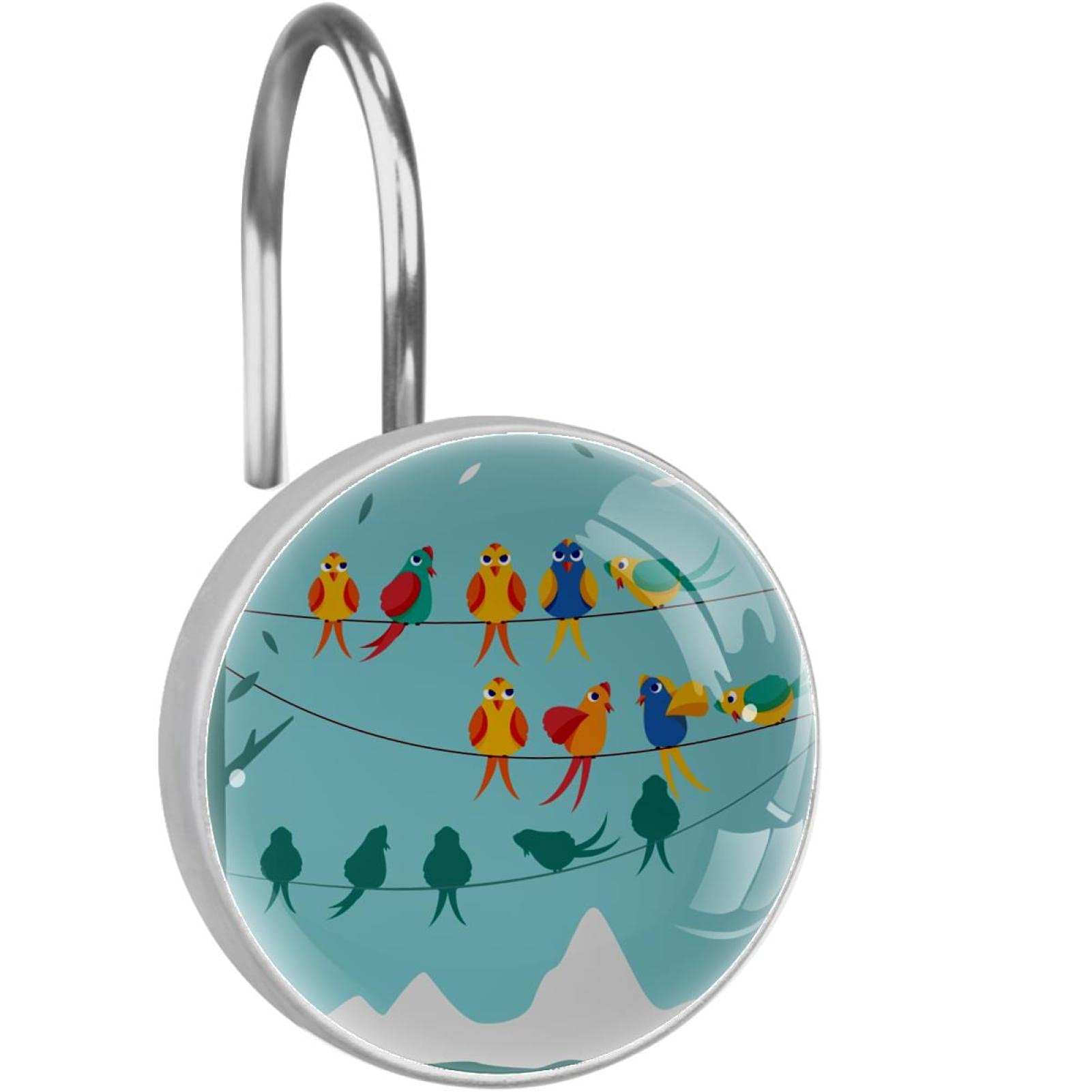 Crochets rideau de douche oiseaux lot de 12 anneaux inox decoratifs salle de bain bleu