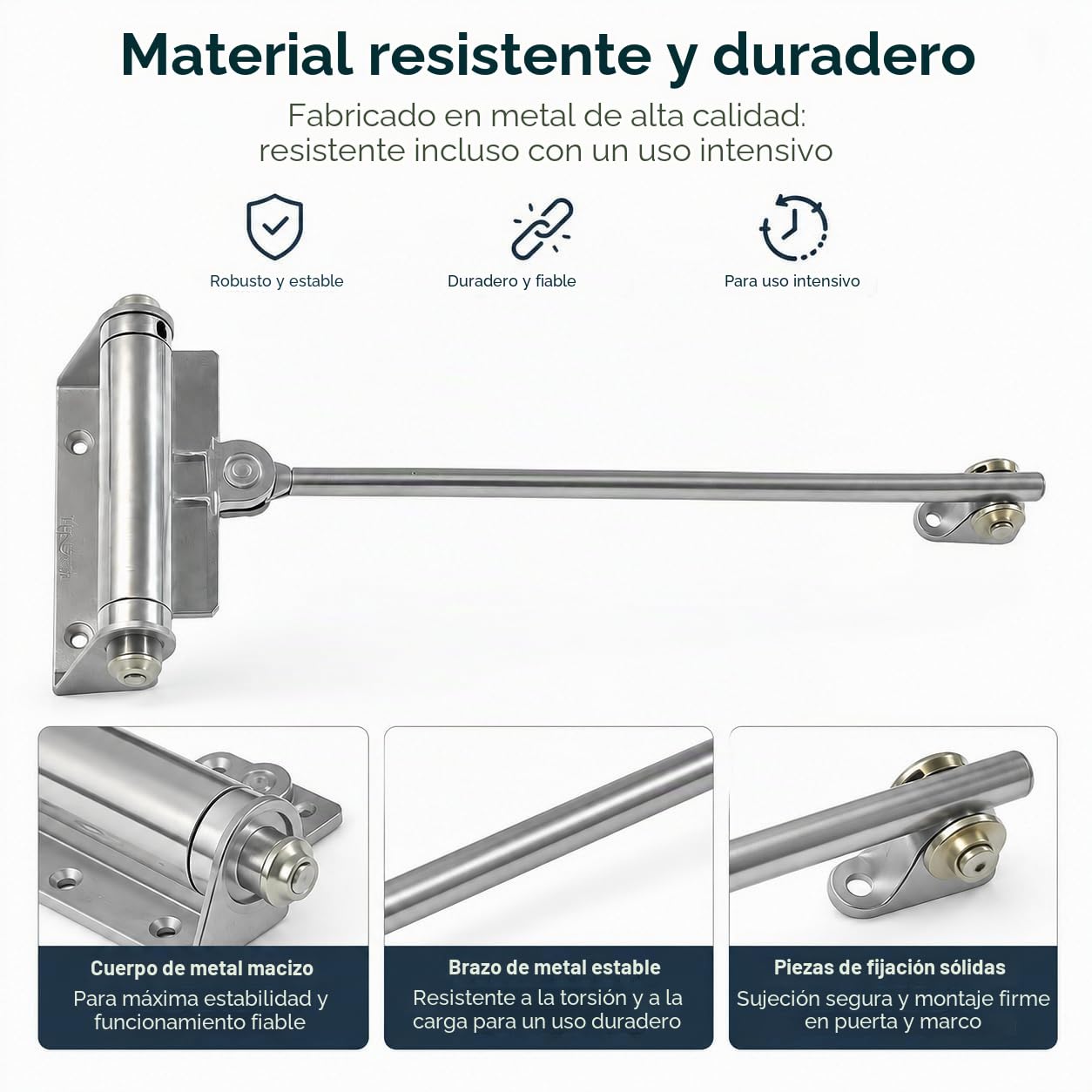 Muelle para puerta de hasta 40 kg – Cierrapuertas de acero galvanizado – Cierrapuertas interior con muelle – Cierre automático plateado para puerta de jardín y puerta de habitación (1 unidad)