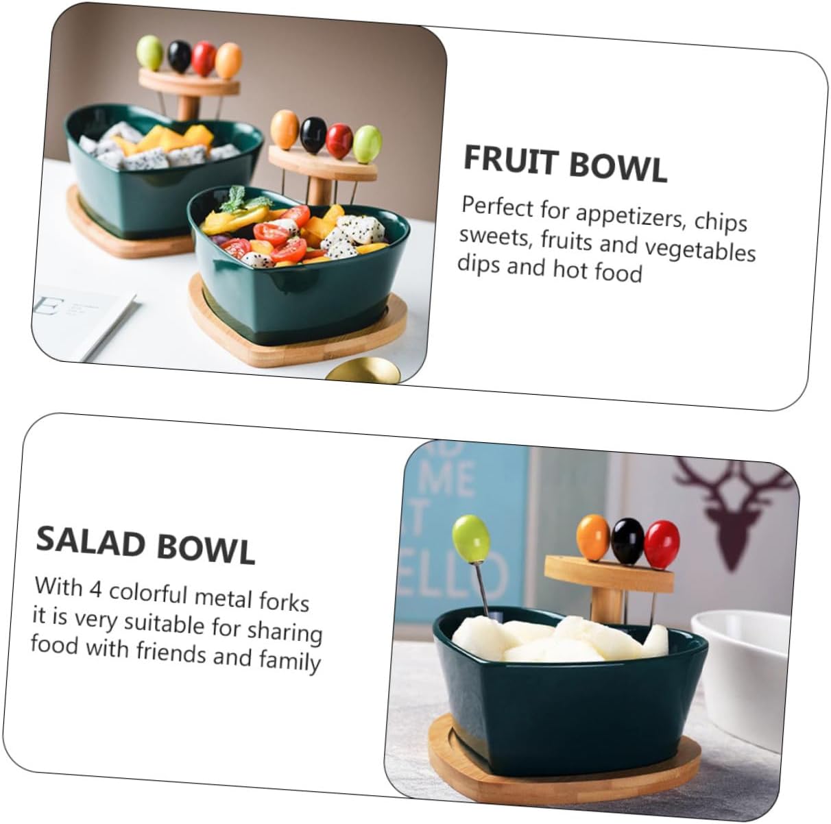 Heart Shaped Porcelain Serving Dish Salad Bowl with Forks, Ceramic Fruit and Snack Bowl in Green, Household Tableware for Kitchen and Living Room