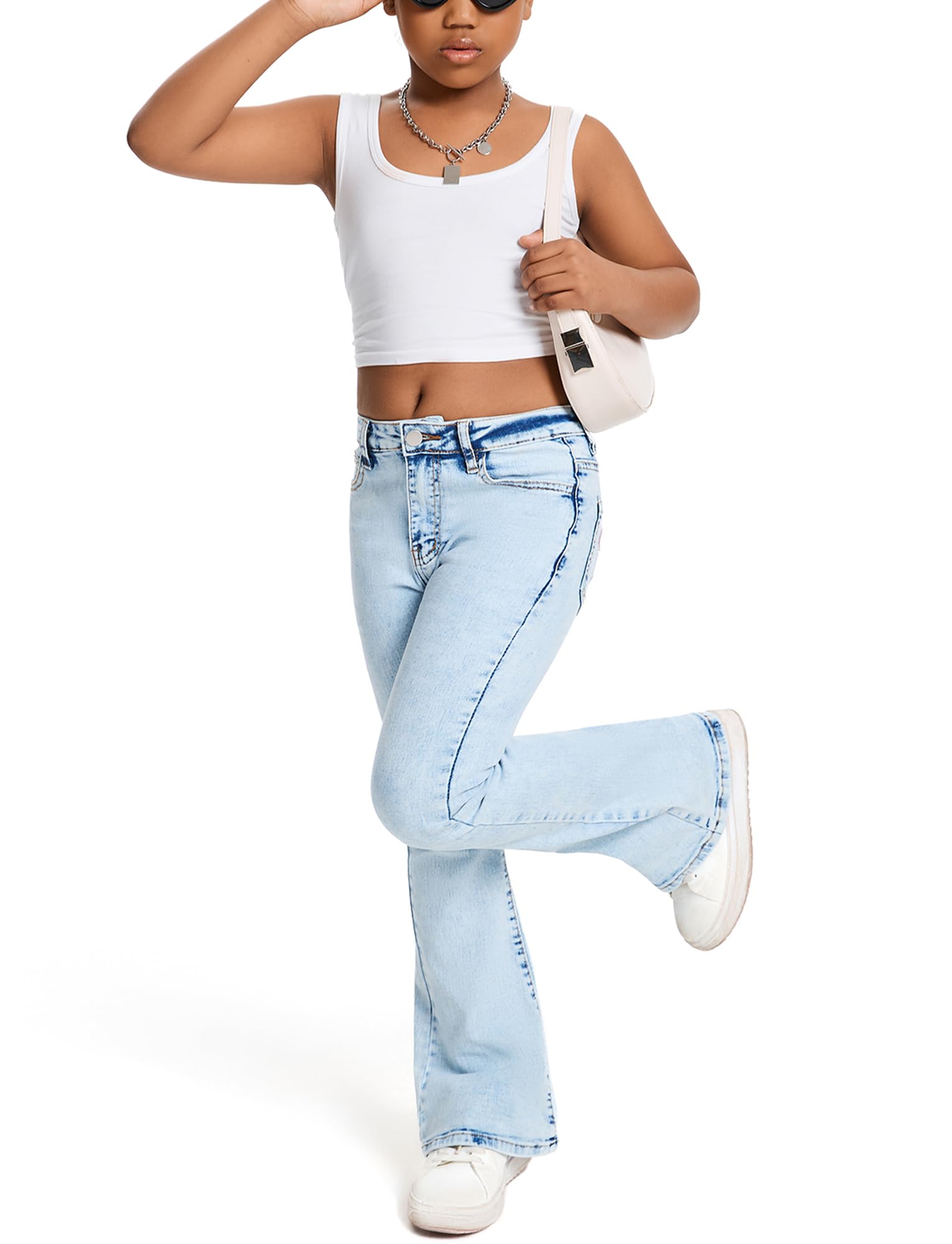 Happy Cherry Pantalones de mezclilla acampanados para niñas y adolescentes, pantalones elásticos ajustados con bolsillo de 7 a 14 años