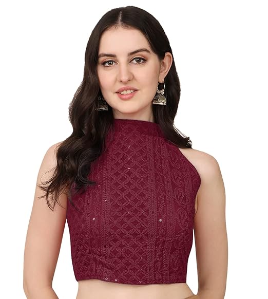 Women's Halter Neck Chickenkari Work Readymade Saree Blouse
