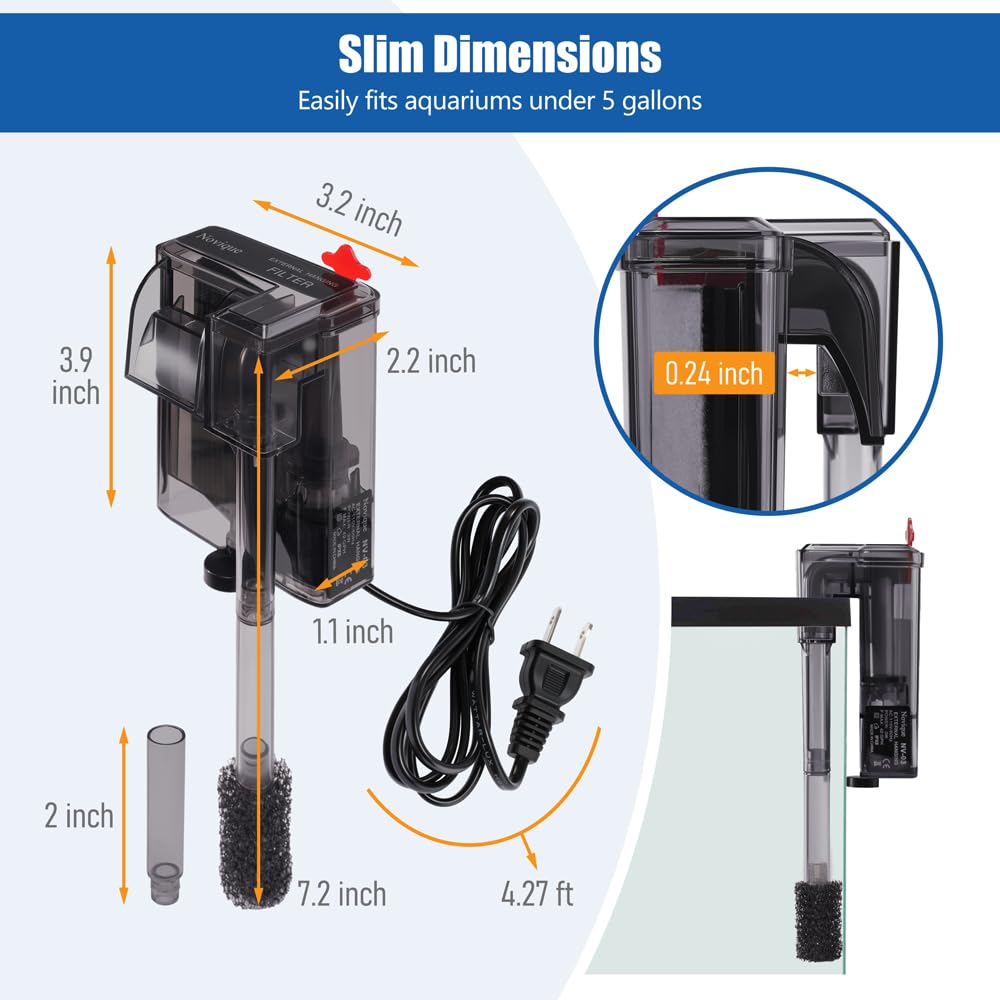 HOB Slim - Filtro de acuario para tanque de hasta 5 galones, ultra silencioso, filtro de alimentación de flujo ajustable, adecuado para agua salada y agua dulce, 42 GPH, 3 W