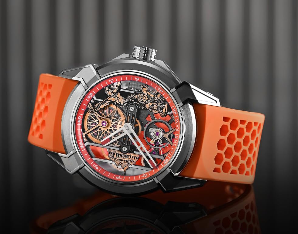 Image of Luxury full Automatic Shree Ram Edition Watch for Men Heavy Open Machine Design with Orange Straps, Shri Ram ji & Hanuman ji Artwork, Ayodhya Mandir Dial | Premium Wrist watch 41mm Bezel [5 Year warranty]