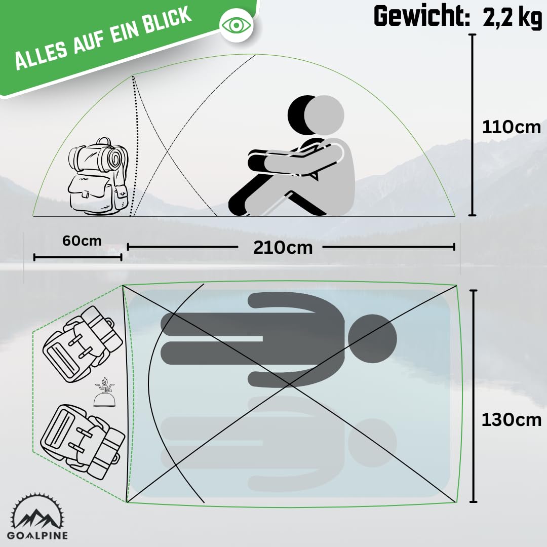 GOALPINE® Zelte für 1 & 2 große Personen | wasserdicht 4000mm | kleines Packmaß | zum Wandern, Bergtouren & Bikepacking | Ultraleicht | 3-4 Jahreszeiten | schneller aufbau