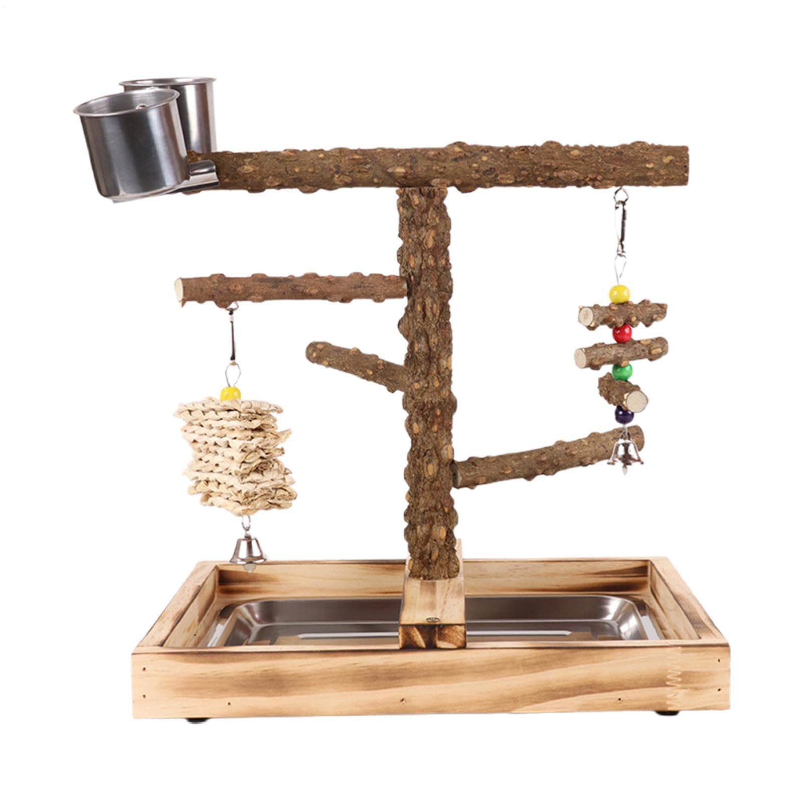 Área de Juego para Loros Con Bebederos | Juguetes De Madera Para Adiestrar Aves En Interior O Exterior