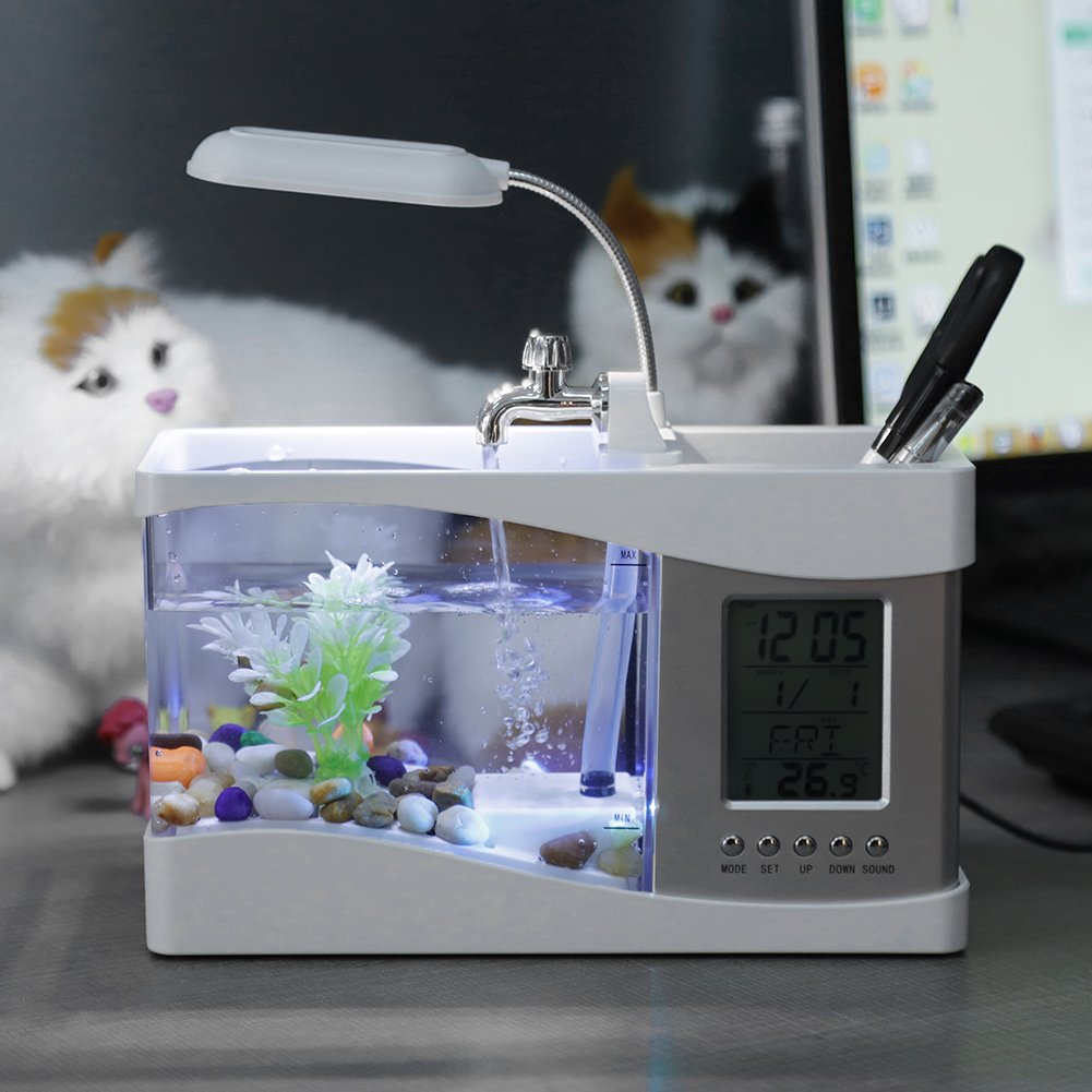 Mini akwarium, plastikowe bezpieczne akwarium, wielofunkcyjne z funkcją zegara, światło LED do sypialni do dekoracji (białe)