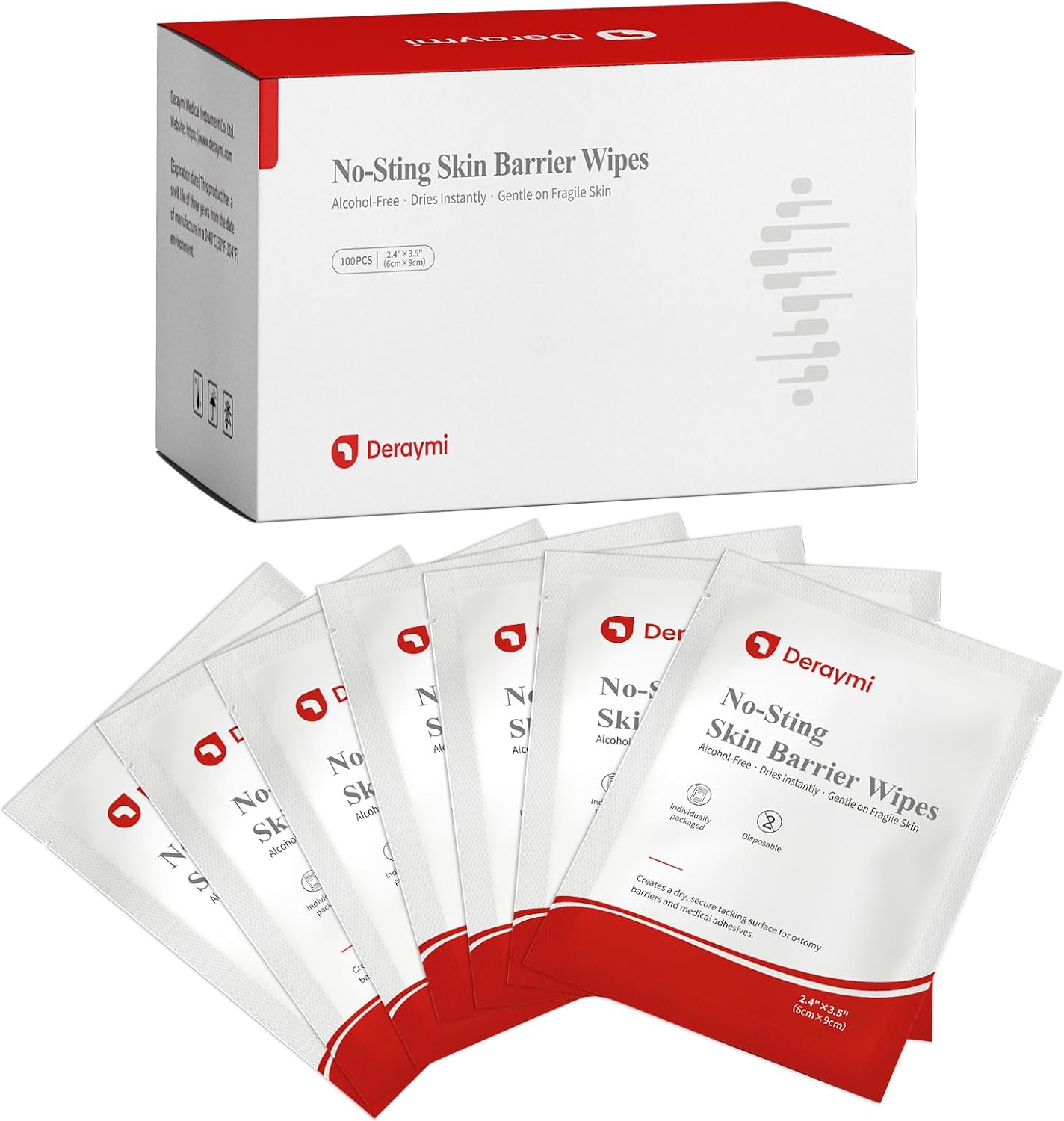100 Pcs Skin Barrier Wipes, 2.4" x 3.5" Skin Prep Protective Wipes, No Sting Skin Adhesive Wipes to Create The Barrier Film Between Skin and Attachments, Ostomy Barrier Film Wipes (Alcohol Free)