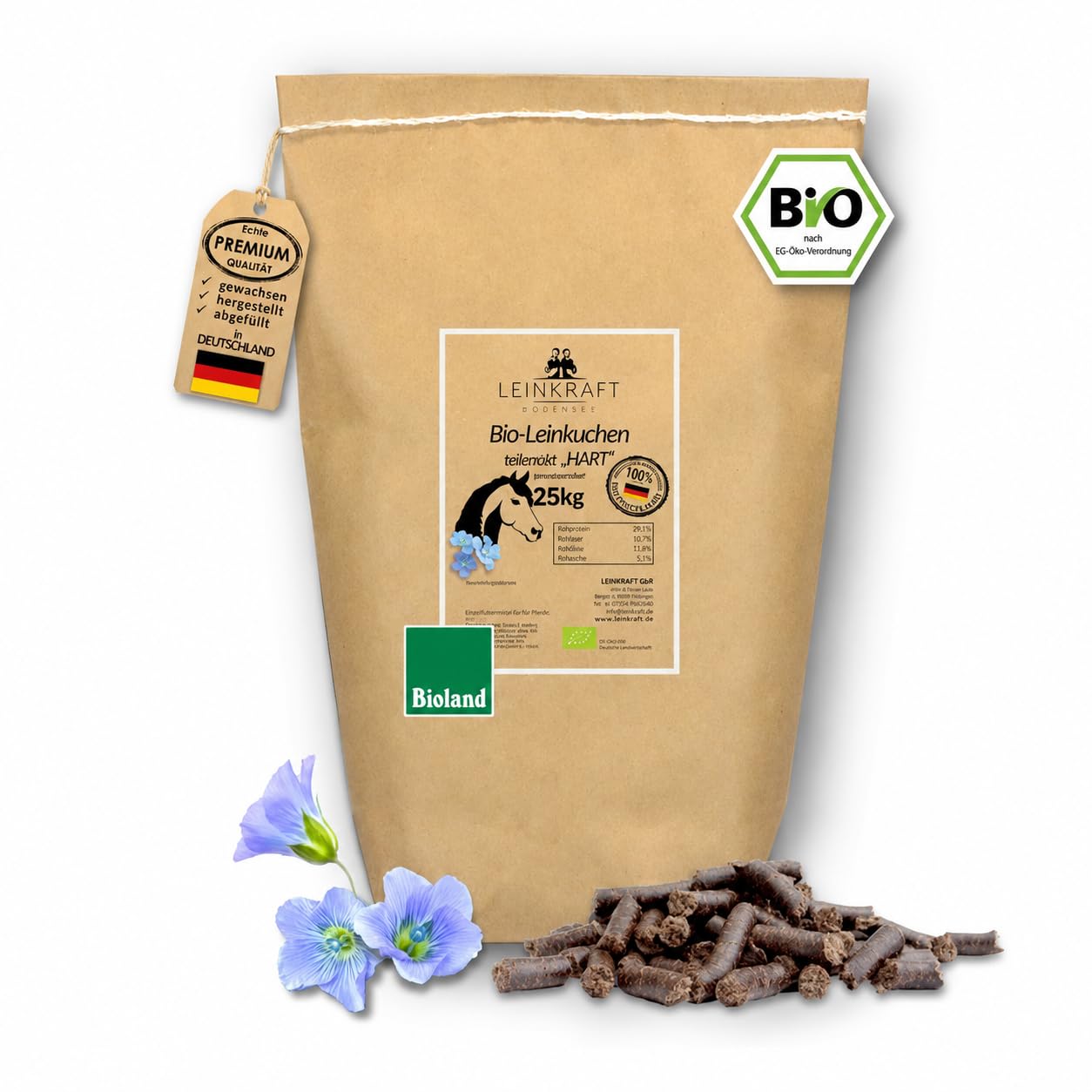 Leinkraft Bio Leinkuchen Fest 25kg Pferde Leckerli Pellets Sticks von Leinkraft | 100% Deutscher Bio-Leinsaat - schonend kaltgepresst