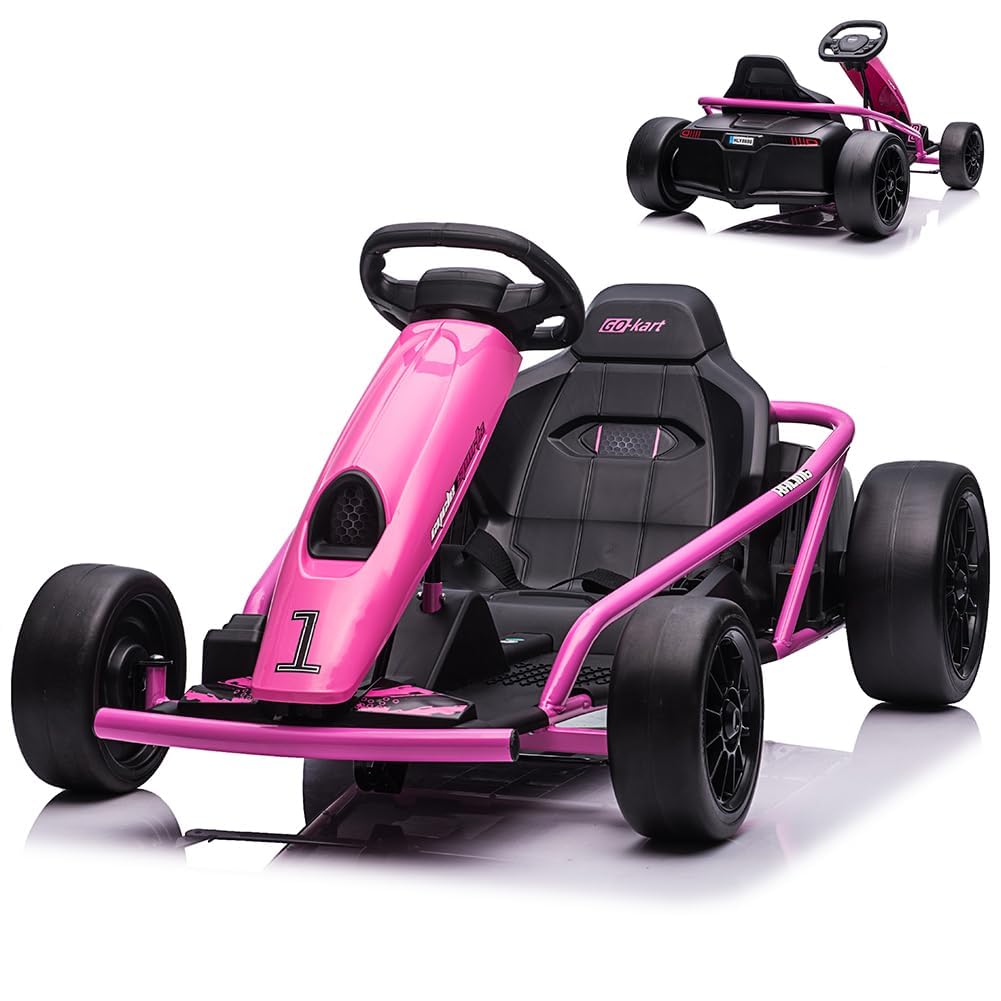 Kinder Elektro Go-Kart 24V - Elektroauto Mit Driftfunktion, 2x300W Hochleistungsmotoren, Bis 13 Km/h, 9Ah Akku, Soft-Start, Musik & Hupe, Vollmetallrahmen, Extra Breiter Sitz - Für 8-12 Jahre, Rosa