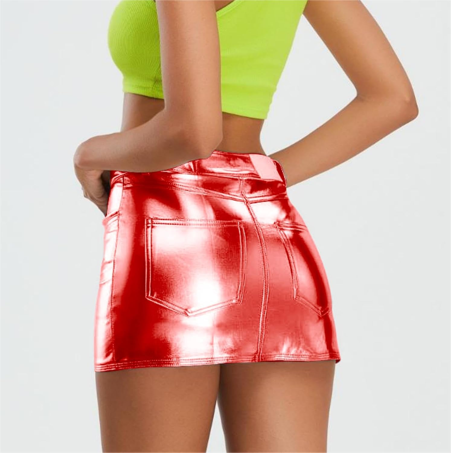 Kisidoo Metallic Shiny Skirts Y2K Low Waist Sparkly Rave Bodycon Mini Cargo Skirts with Pocket - Image 3