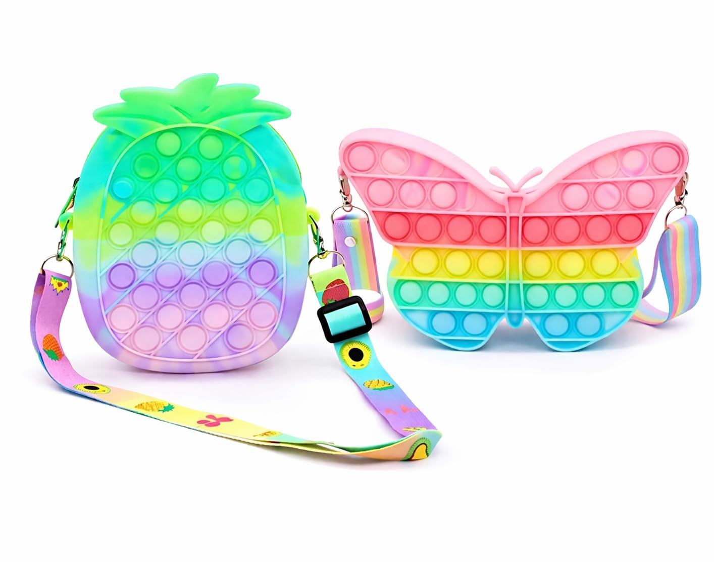 Pop It Silicone Sling Bag for Kids, Pineapple and Butterfly Shape, Rainbow Multicolour, Set of 2-image-26